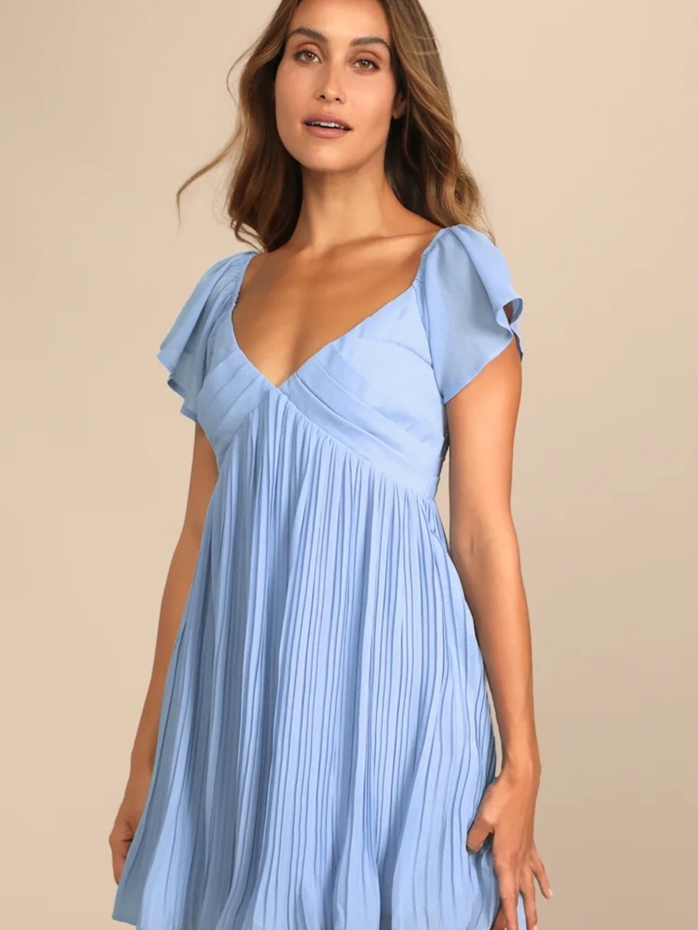 Lulus Light Blue V-Neck Pleated Mini Dress